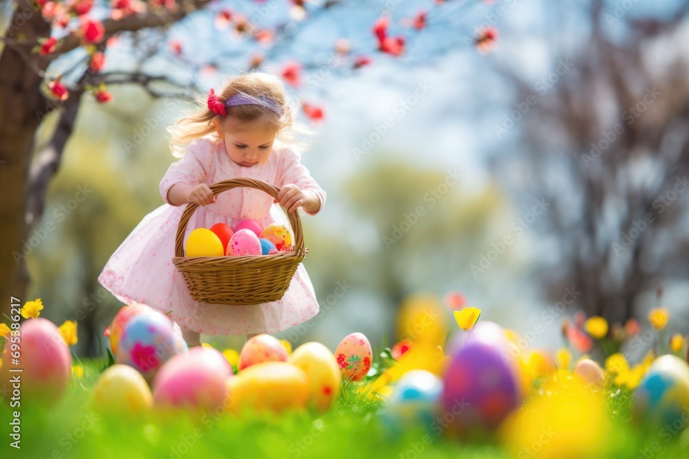 Festive Easter and spring day, design of little girl's hand holding basket with colorful Easter eggs on lawn background Festive Easter and spring day, design of little girl's hand holding basket with colorful Easter eggs on lawn background
