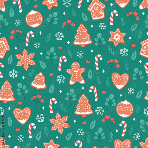 Christmas seamless pattern with ginger cookies, candy cane, snowflakes. Vector illustration in flat style