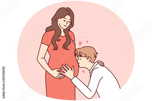 Happy young man kiss pregnant woman belly excited about parenthood. Smiling future father hug wife. Pregnancy and parenting. Vector illustration.