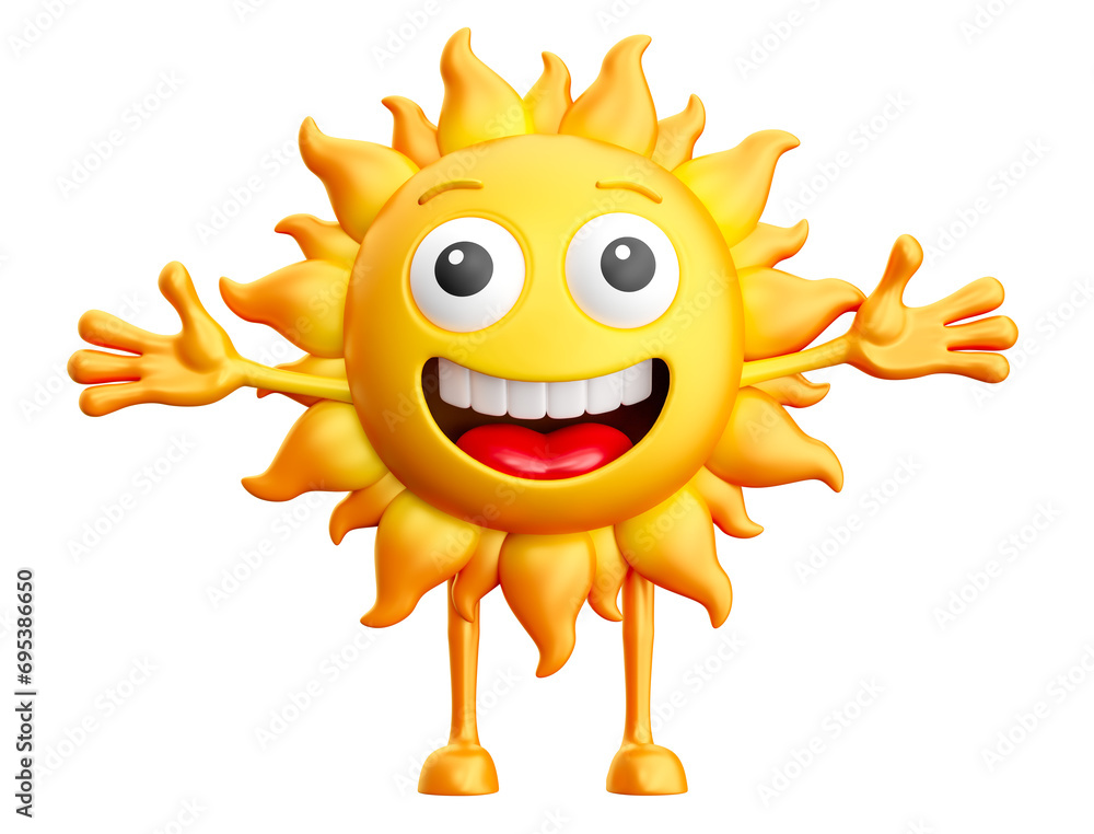 Smiling sun with open arms on transparent background in 3d render cartoon