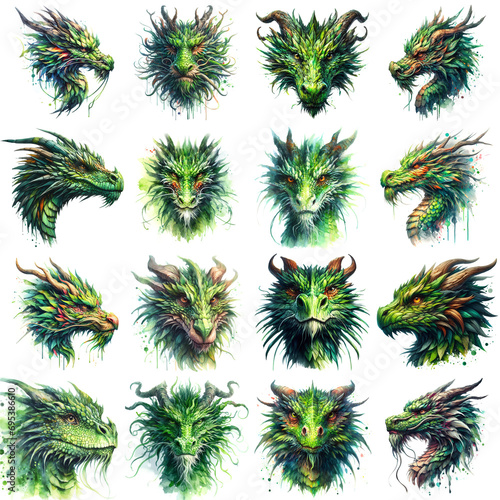 Set of the green dragon head illustration