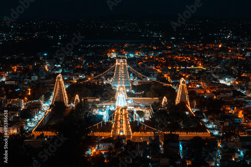 Arunachalesvara Temple in Tiruvannamalai city, Tamil Nadu, India, night top view photography
