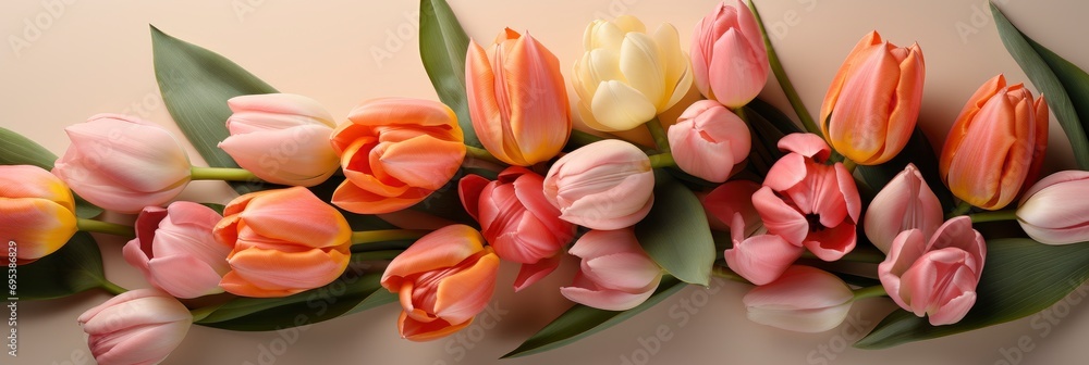 Tulip Spring Flowers Leaves Collection Isolated , Banner Image For Website, Background, Desktop Wallpaper