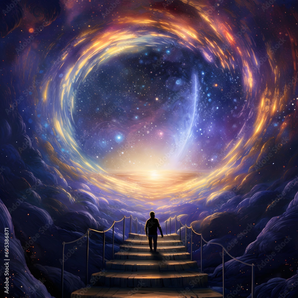 Man walking up the stairs in a fantasy space. 3D rendering