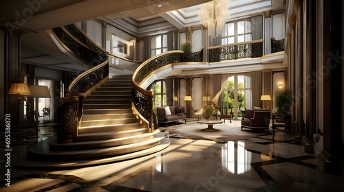 Luxury hotel lobby interior. Panoramic view of luxury hotel lobby.