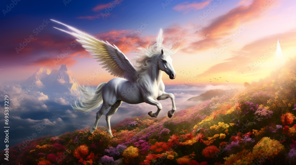 Pegasus flying in idyllic world of pink light and flowers