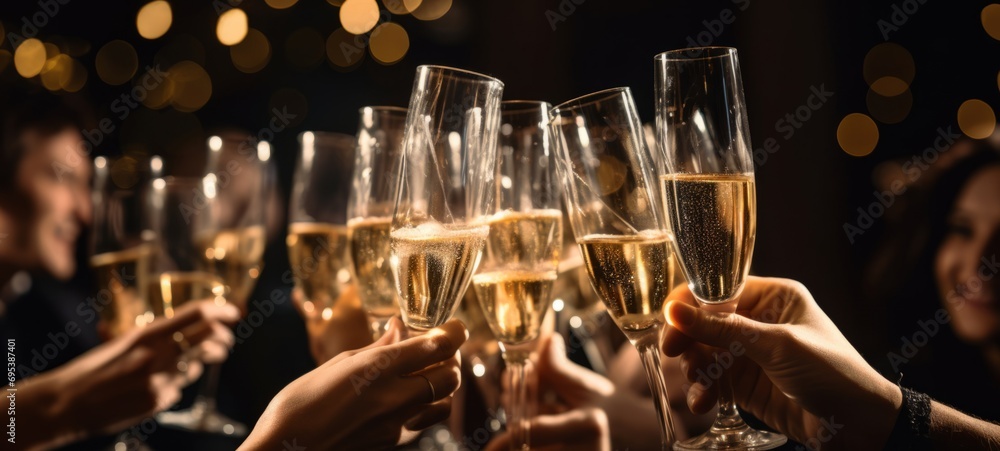 Closeup of hand holding glass of champagne or sparkling wine - people cheering, cheers, spending a moment together with friends, party, nightclub, new years eve, restaurant, cheering, luxury