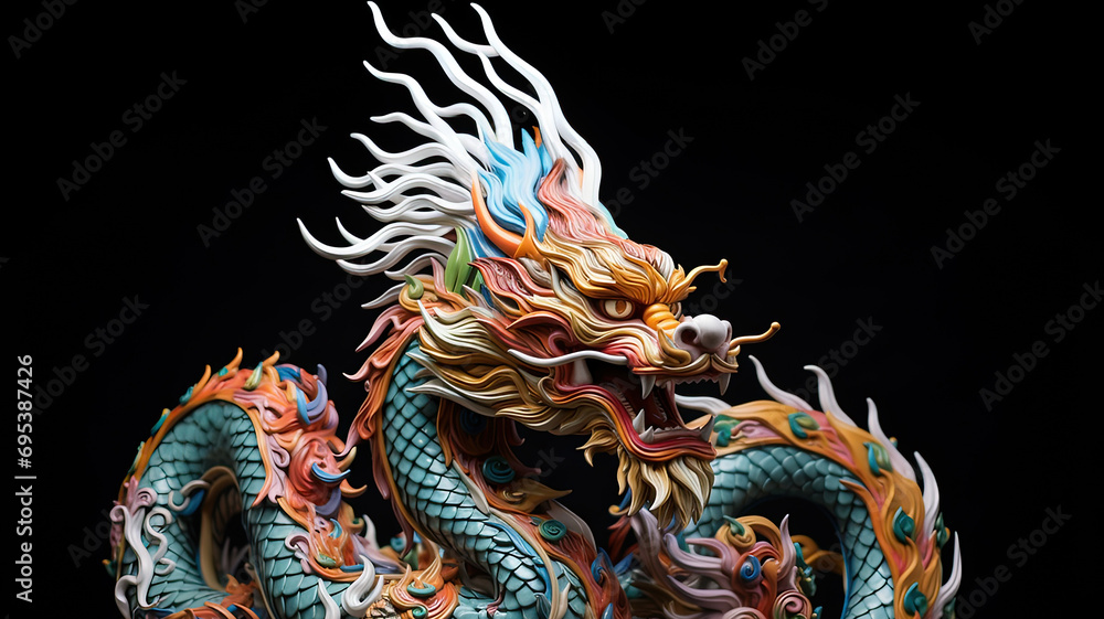 Festive colorful Asian dragon on black background