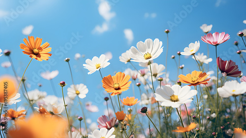 Spring flowers bloom against the blue sky, capturing the essence of summer, © Jhon