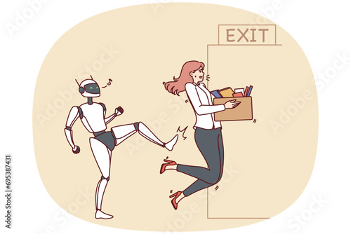 Robot kick female employee out of office job. Concept of artificial intelligence and androids at workplace. New era of robotic assistants. Vector illustration.