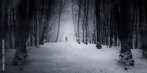 Fototapeta Naklejka Na Ścianę i Meble -  dark fantasy forest in winter with man walking on snowy path