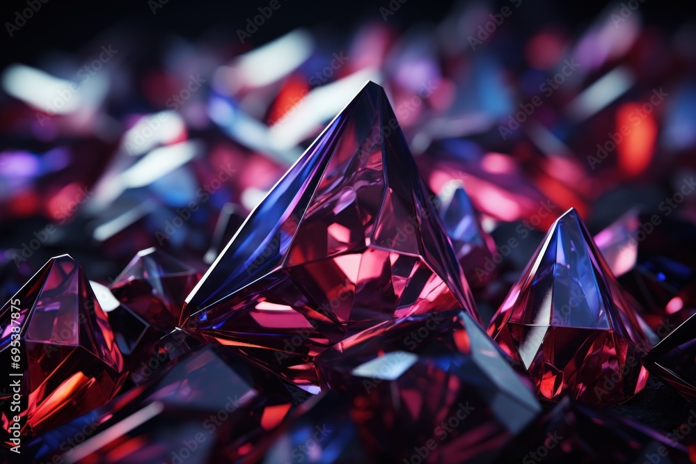  a group of pink and purple diamonds on a black background with a black background and a red and purple diamond in the center of the image is surrounded by smaller pink and purple diamonds. - obrazy, fototapety, plakaty 