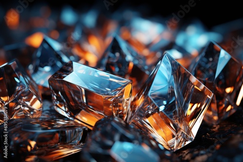  a group of crystal cubes sitting on top of a black table next to a pile of orange and blue glass cubes on top of another set of glass cubes.