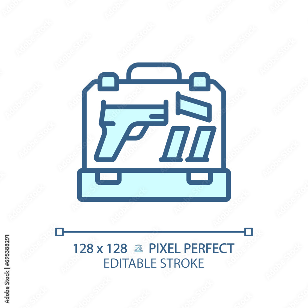 2D pixel perfect editable blue gun case icon, isolated monochromatic vector, thin line illustration representing weapons. 2D pixel perfect editable blue gun case icon, isolated monochromatic vector, thin line illustration representing weapons.