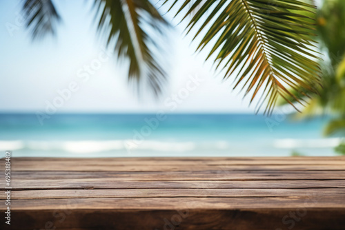 Empty wooden table and palm leaves with party on beach blurred background in summer time.ai generated