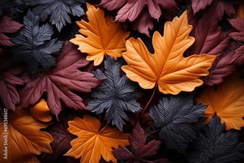  a close up of a bunch of leaves with orange and black leaves in the middle of the leaves on the left side of the picture  and the top of the leaves on the right side of the other side of the picture.