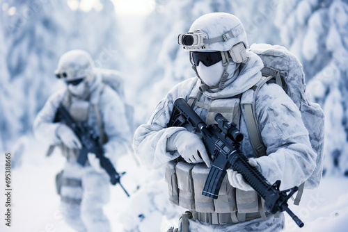 Arctic winter warfare operation in cold conditions, with soldiers in winter camo, on a snowy forest battlefield, with rifles. Focus on soldiers