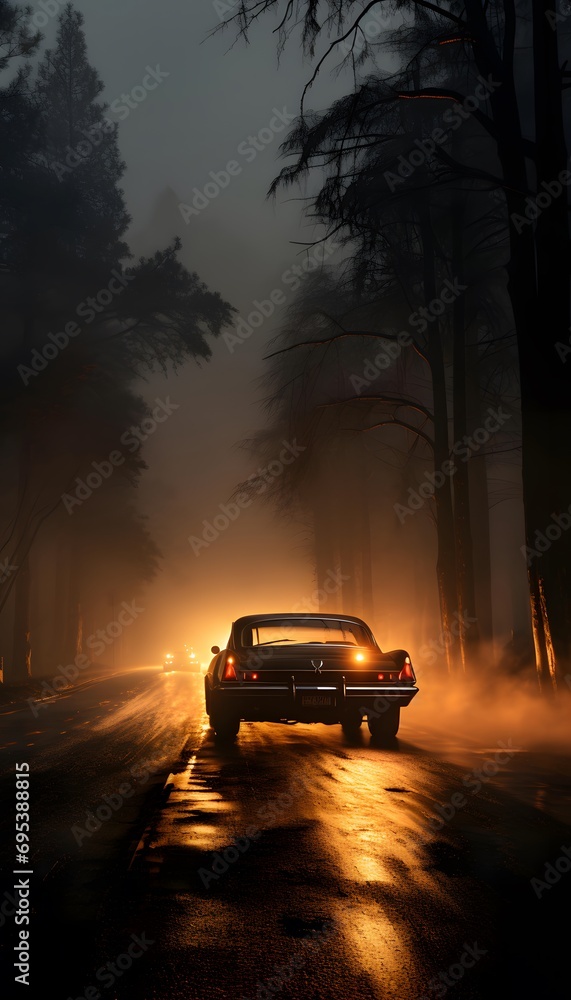 Car on the road in the forest at night with fog and fire