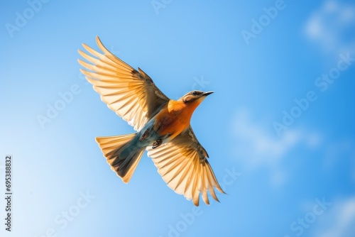  a bird flying in the air with its wings spread out and it's head turned to look like a bird with its wings spread out, with a blue sky in the background. © Nadia
