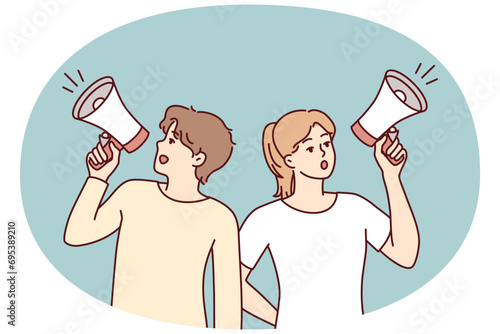 Man and woman use loudspeaker to invite everyone to event or make important announcement. Guy and girl are shouting loudly turning in different directions trying to spread word. Flat vector design