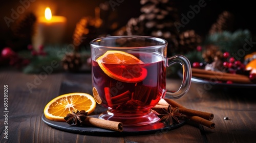 Festive Mulled Wine picture with spices and citrus slices in a mug of warming gluhwein.