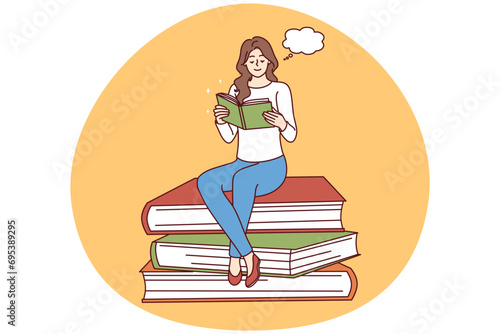 Smiling young woman sitting on pile of huge books reading. Happy girl enjoy literature visualizing or imagining. Education and hobby. Vector illustration.
