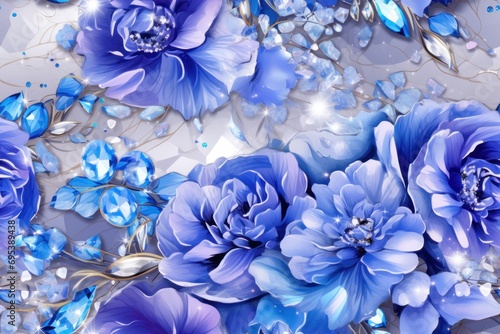  a painting of blue flowers and butterflies on a gray and white background with a blue and white flower pattern on the bottom right corner of the image, and a blue and white background. © Nadia