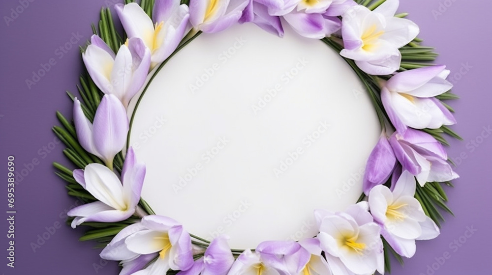 Wreath of interwoven Easter lilies and crocuses with a circular copy space in the middle Wreath of interwoven Easter lilies and crocuses with a circular copy space in the middle