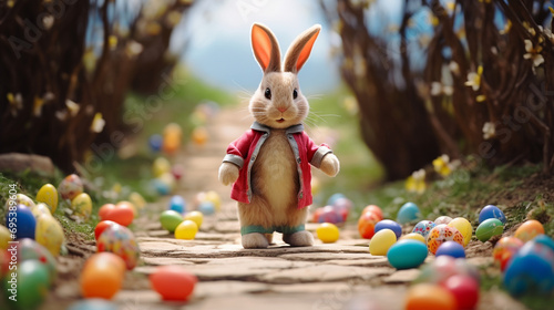 Easter Bunny hopping along a path leaving a trail of jelly beans and glittering eggs