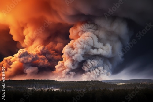  a large plume of smoke billowing out of the sky over a forest on a cloudy day in the distance is a town in the foreground, with a forest in the foreground.
