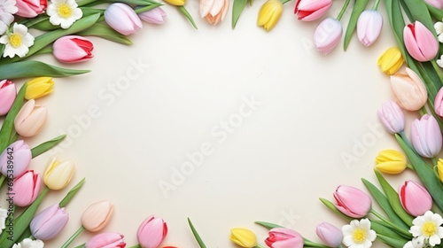 A garland of daisies and tulips around the edges with a spacious area for text