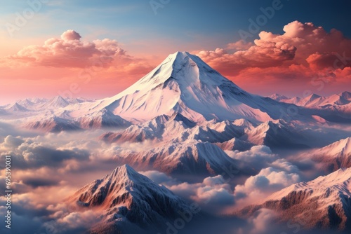  a snow covered mountain in the middle of a cloudy sky with a pink and blue sky in the background and a pink and blue sky with white clouds in the foreground.
