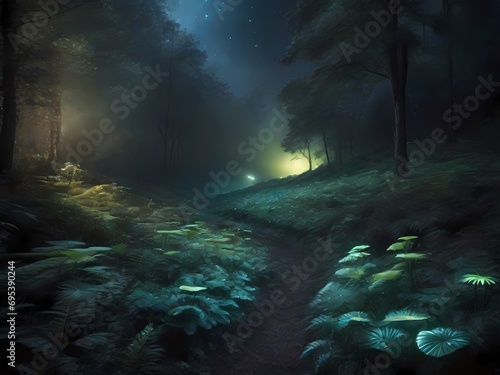 Fairytale magic woodland with mushrooms  grass  glowing light. Fantasy beautiful landscape with magic portal in mystic neon forest. Mysterious landscape with fantastic plants glowing in night darkness