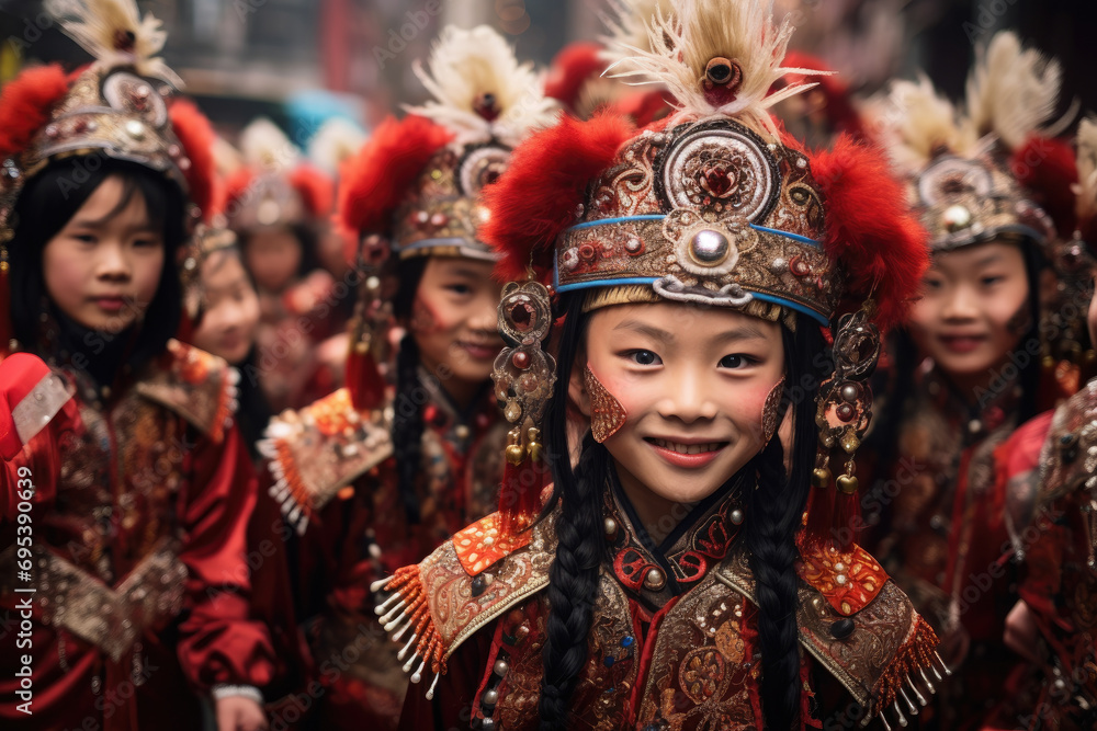 Youngsters participating in parades dressed in vibrant clothes in chinese new year