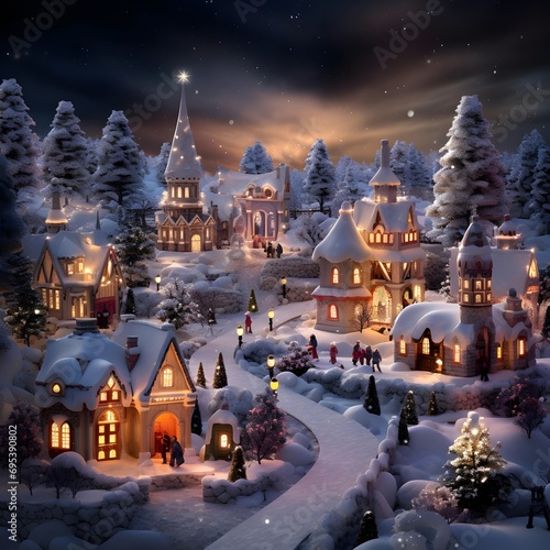 Christmas scene with small village in the snow. 3d illustration.