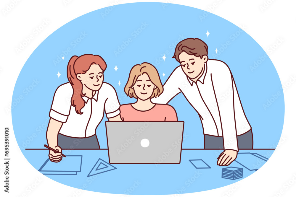 Smiling colleagues look at laptop screen work together on business project in office. Happy businesspeople brainstorm cooperate together on computer. Teamwork. Vector illustration. Smiling colleagues look at laptop screen work together on business project in office. Happy businesspeople brainstorm cooperate together on computer. Teamwork. Vector illustration.