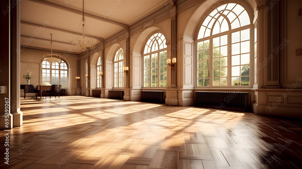 interior of a beautiful hall with large windows and a wooden floor