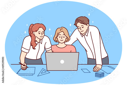 Smiling colleagues look at laptop screen work together on business project in office. Happy businesspeople brainstorm cooperate together on computer. Teamwork. Vector illustration.