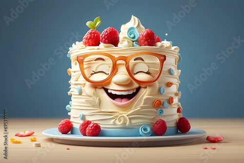 Funny colorful funny birthday cake with glasses. 3D cute characters celebrating birthday. Generative AI.