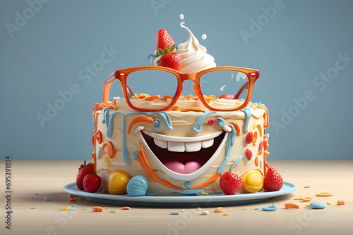 Funny colorful funny birthday cake with glasses. 3D cute characters celebrating birthday. Generative AI.