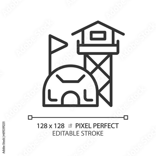 2D pixel perfect editable black military base icon, isolated simple vector, thin line illustration representing weapons.