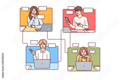 Business people communicate through internet messengers and task manager applications to achieve effective remote work. Men and women with laptops use task manager software for corporate interactions