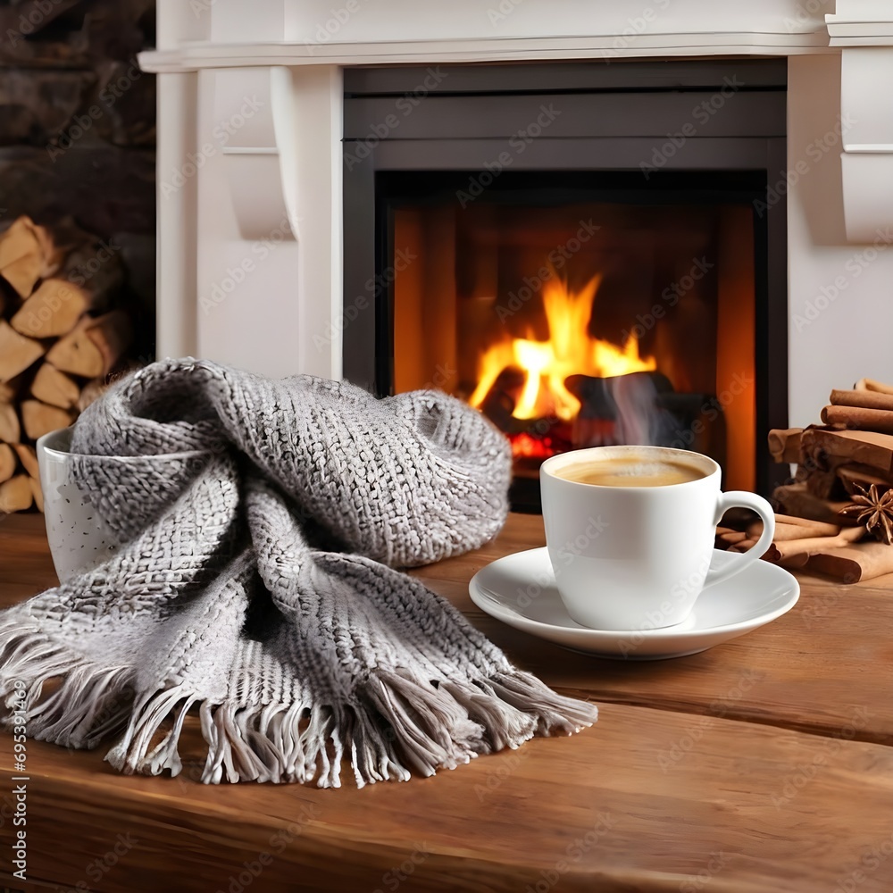 Cup of hot coffe, wooden table, near fireplace