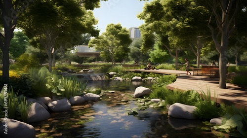 Japanese garden with trees, bridge and pond. Panoramic view. © Iman