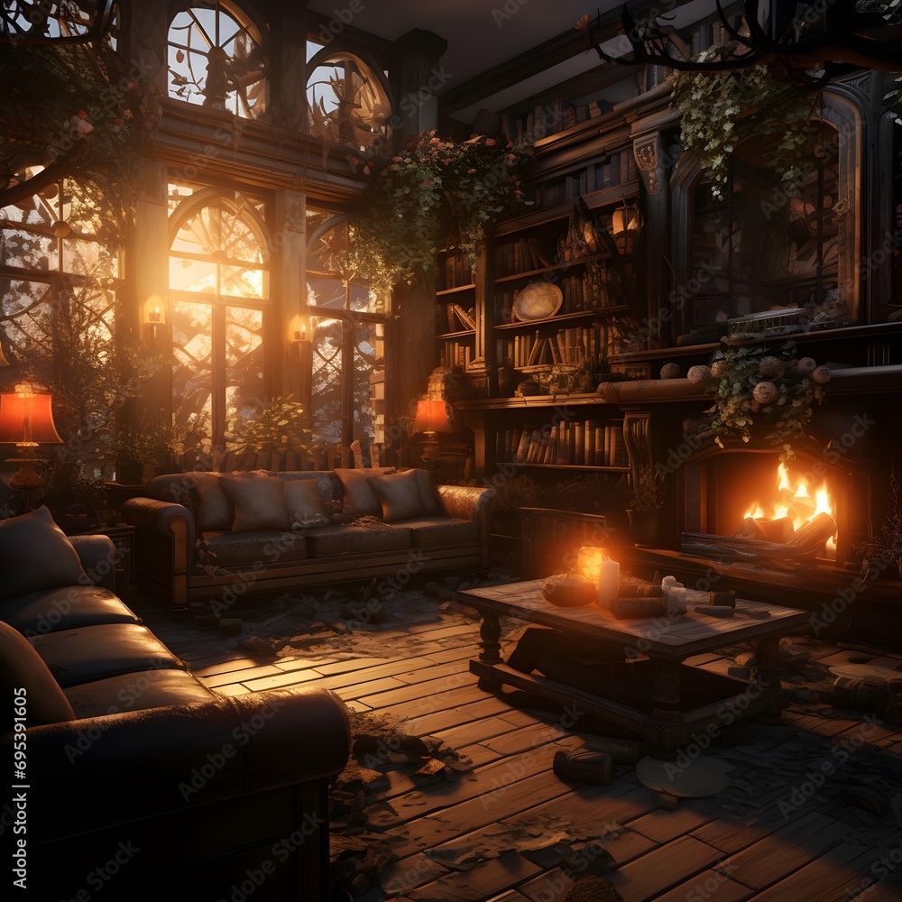 3d rendering of a cozy room with a fireplace in the evening