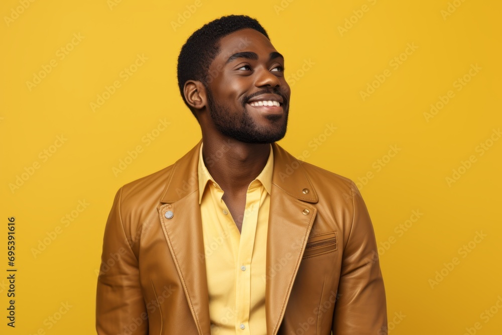 Obraz premium Portrait of a blissful afro-american man in his 20s sporting a stylish leather blazer against a pastel yellow background. AI Generation