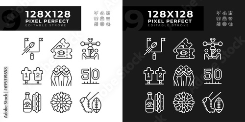 Game day linear icons set for dark, light mode. Cheerleading. Goal and kickoff. Team spirit. American football match. Thin line symbols for night, day theme. Isolated illustrations. Editable stroke