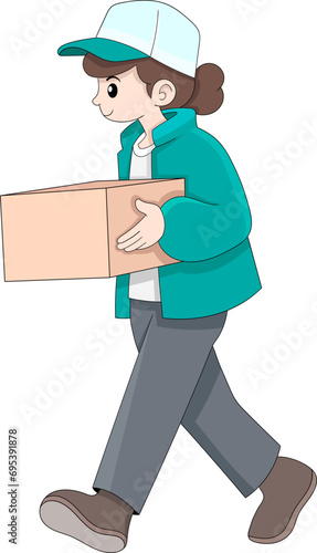 Delivery girl in green uniforms walk cheerfully carrying customer packages