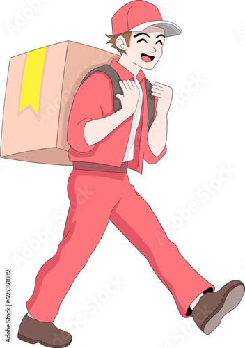 Delivery boys in red uniforms walk cheerfully carrying customer packages