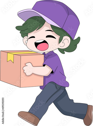A delivery courier wearing a purple uniform is carrying a package box to a customer